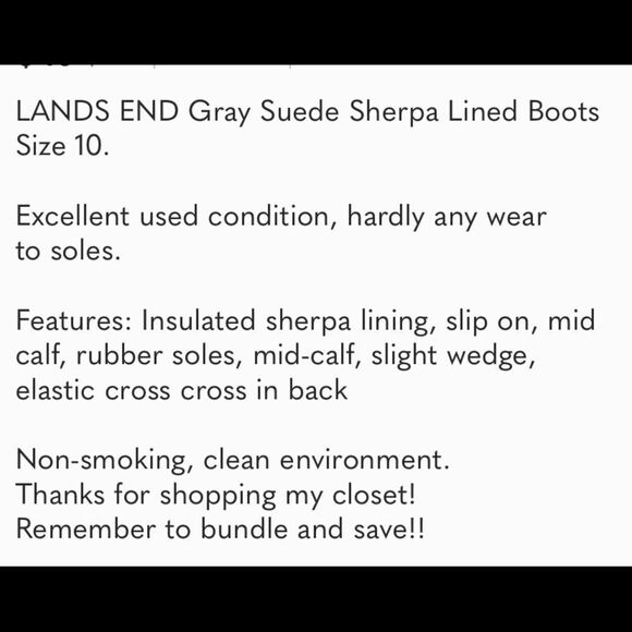 LANDS END Gray Suede Sherpa Lined Boots Size 10D C1 - Picture 9 of 9